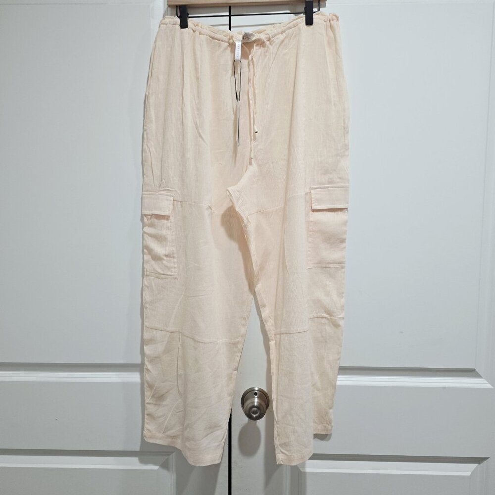 New Sanctuary - L Women's Barrel-Leg Cover-Up Cargo Pants Drawstring White Sand